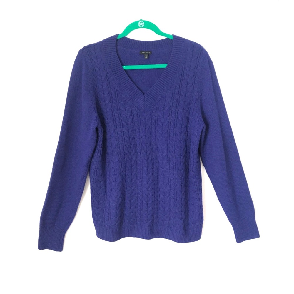 Talbots Women's Lambswool Blend Cable Knit V-Neck Sweater Size XL Royal Blue